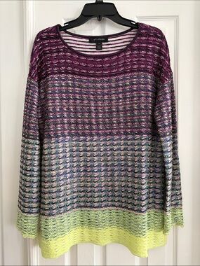 St. John Multicolor Colorful Open-Knit Pullover Sweater Purple Neon Yellow